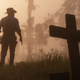 A lone cowboy wanders a graveyard during sunset.